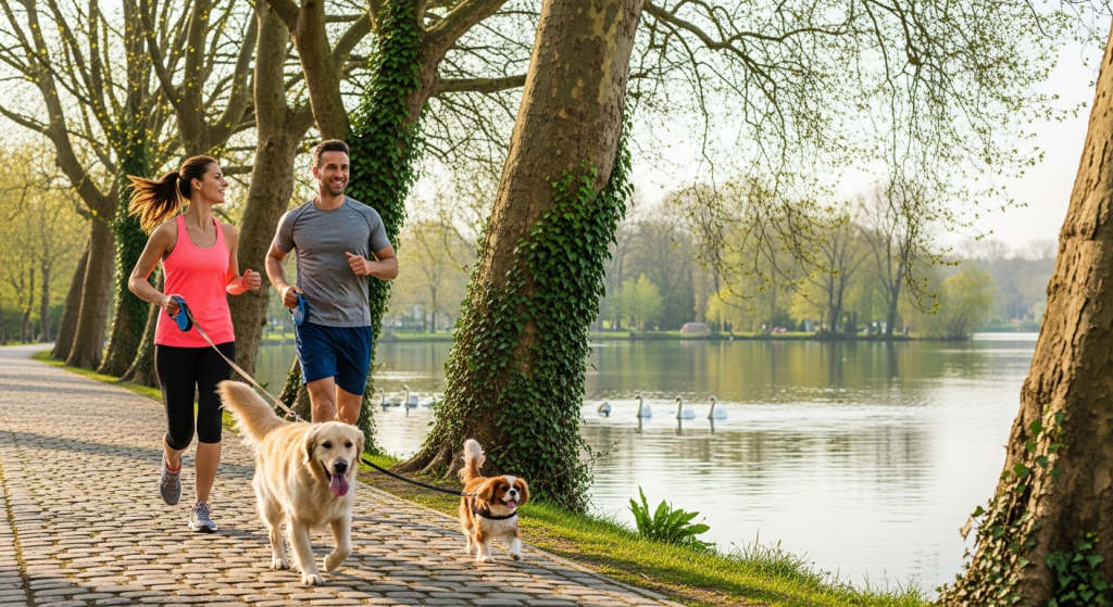 Couple en balade sportive avec chiens au parc de Saint-Mandé