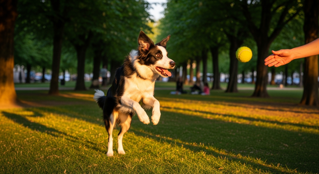 Chien appartement Nogent-sur-Marne jouant dans un parc urbain