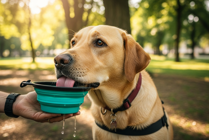 Chien qui boit de l'eau fraîche pendant promenade canine forte chaleur