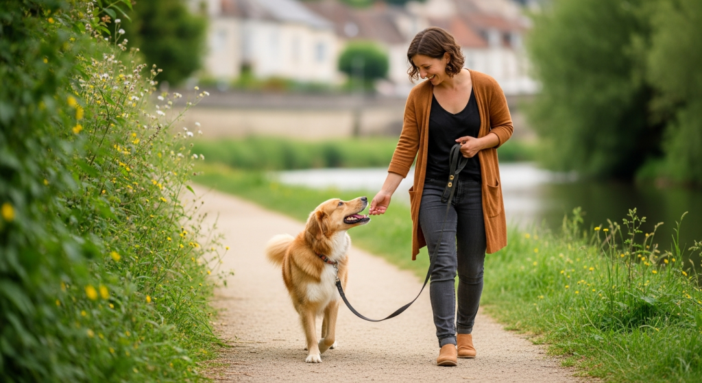 Chien marchant calmement en laisse au bord de la Marne à Joinville-le-Pont