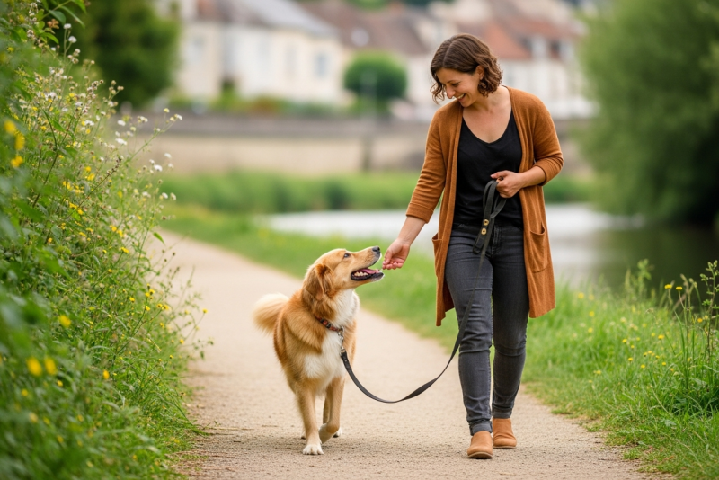 Chien marchant calmement en laisse au bord de la Marne à Joinville-le-Pont
