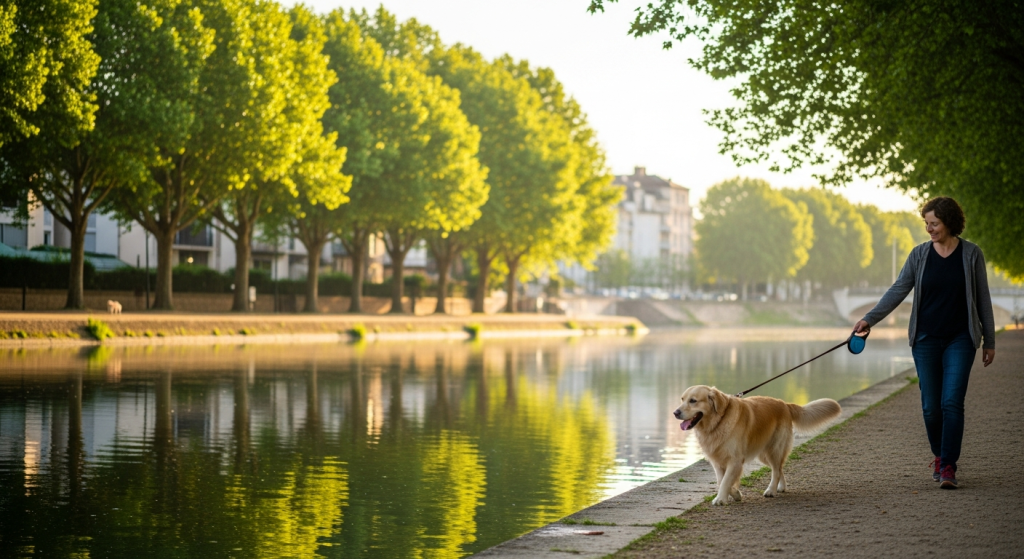 Chien en promenade matinale au bord de la Marne à Nogent-sur-Marne