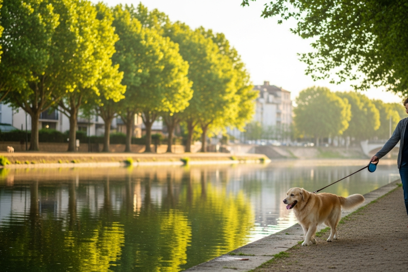 Chien en promenade matinale au bord de la Marne à Nogent-sur-Marne