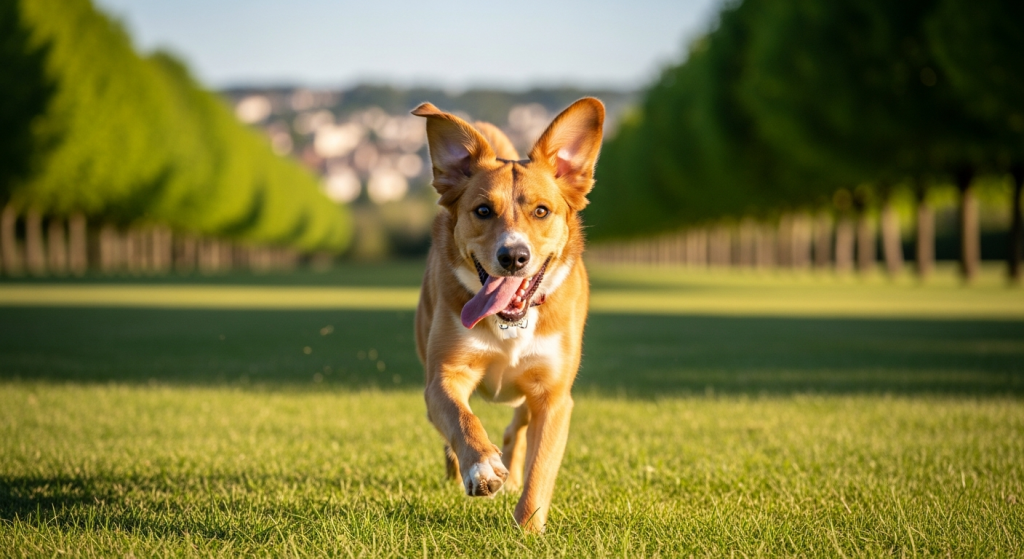 Chien heureux en liberté lors d'une promenade professionnelle à Vincennes