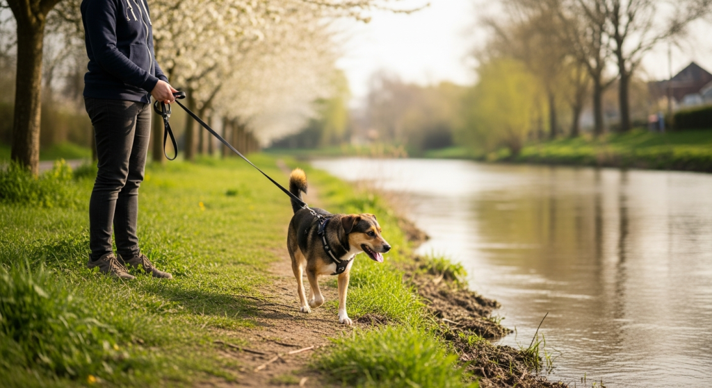 Chien en promenade sécurisée au bord de l'eau au printemps dans le Val-de-Marne