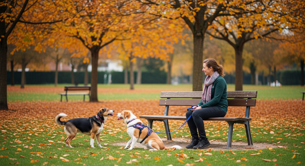 Dog-sitter professionnelle surveillant deux chiens jouant dans un parc du Val-de-Marne