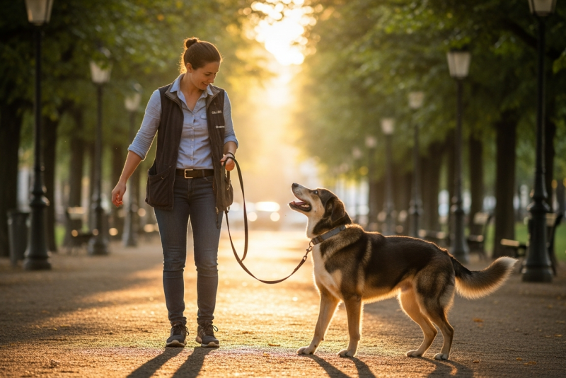Éducateur canin travaillant le marche en laisse avec un chien dans le Val-de-Marne