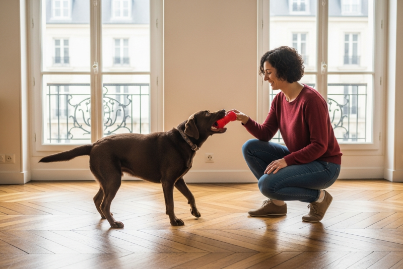 Chien jouant et s'exerçant dans un appartement moderne sans jardin