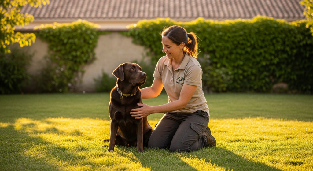 Éducatrice canine rassure un labrador en pension avant départ en vacances