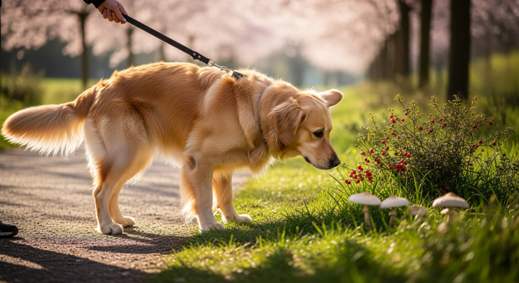 Chien en laisse évitant des plantes dangereuses lors d'une promenade printanière Val-de-Marne