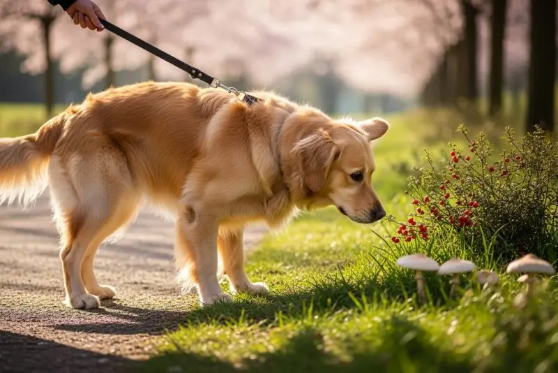 Chien en laisse évitant des plantes dangereuses lors d'une promenade printanière Val-de-Marne
