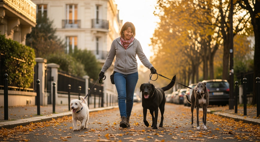 Promeneuse professionnelle avec trois chiens en laisse dans une rue du Val-de-Marne