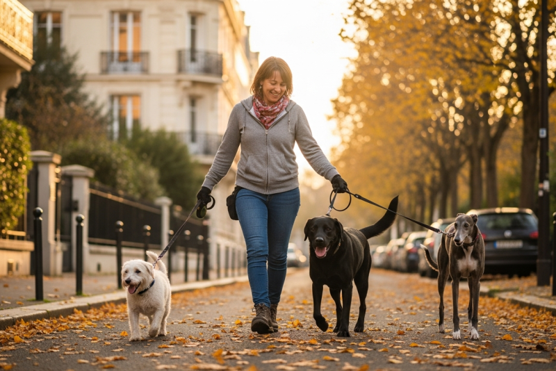 Promeneuse professionnelle avec trois chiens en laisse dans une rue du Val-de-Marne