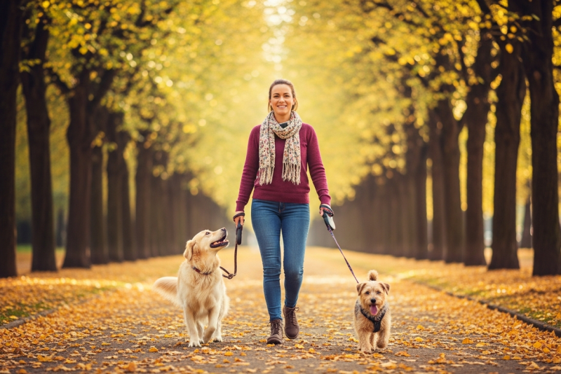 Promeneuse professionnelle avec deux chiens au parc de Vincennes Val-de-Marne