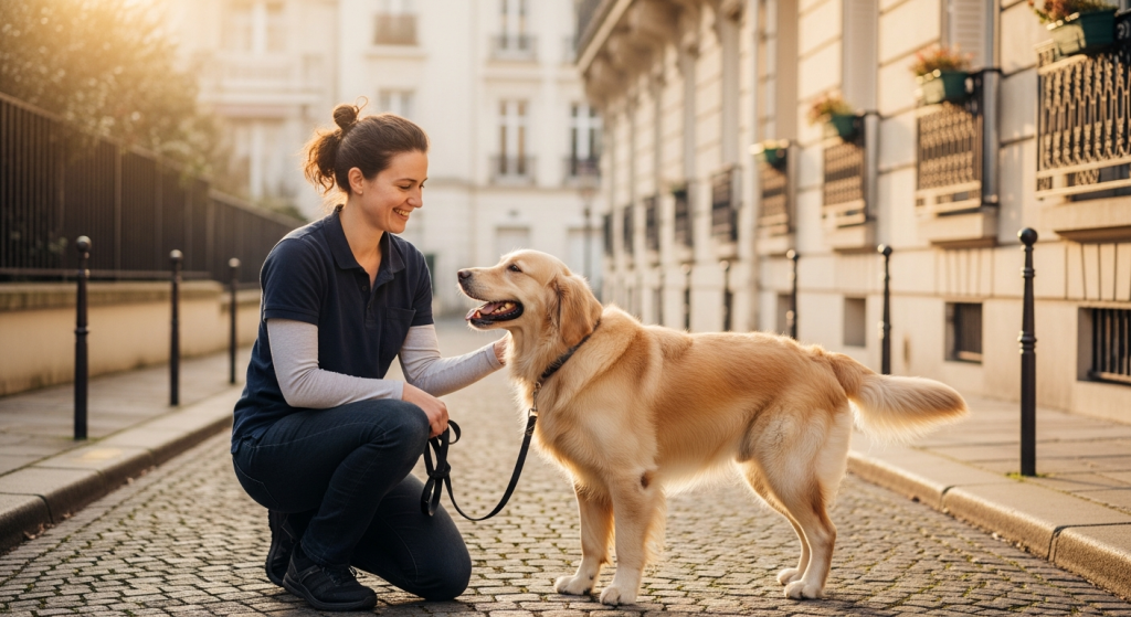 Professionnelle canine câlinant un golden retriever rue de Vincennes
