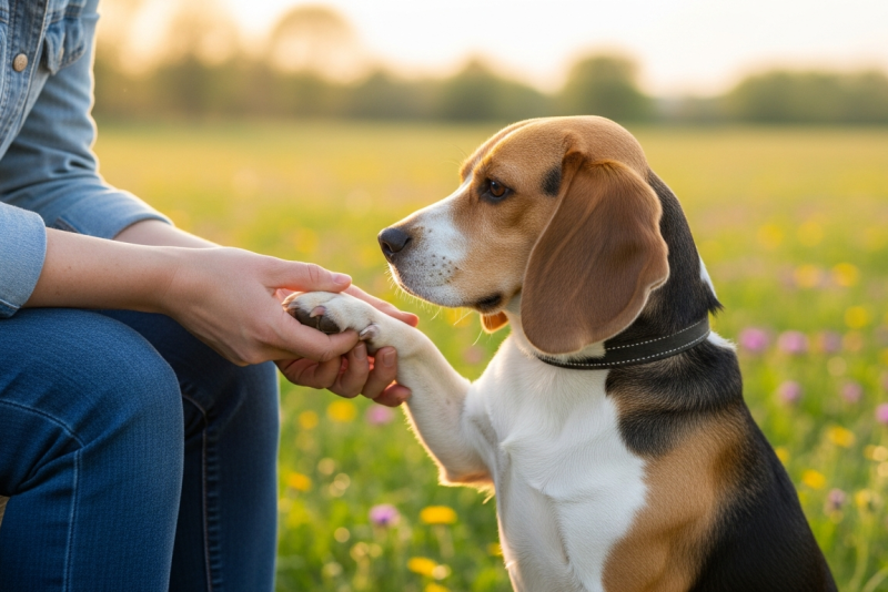 Propriétaire inspectant son chien pour tiques après promenade printanière en banlieue parisienne