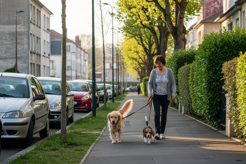 Voisin promenant deux chiens sur un trottoir résidentiel en banlieue parisienne